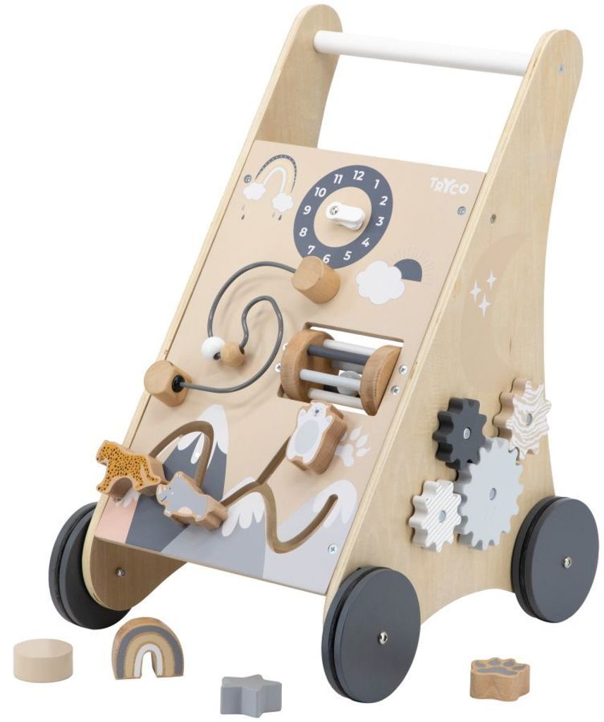 A wooden baby walker with various activity features.