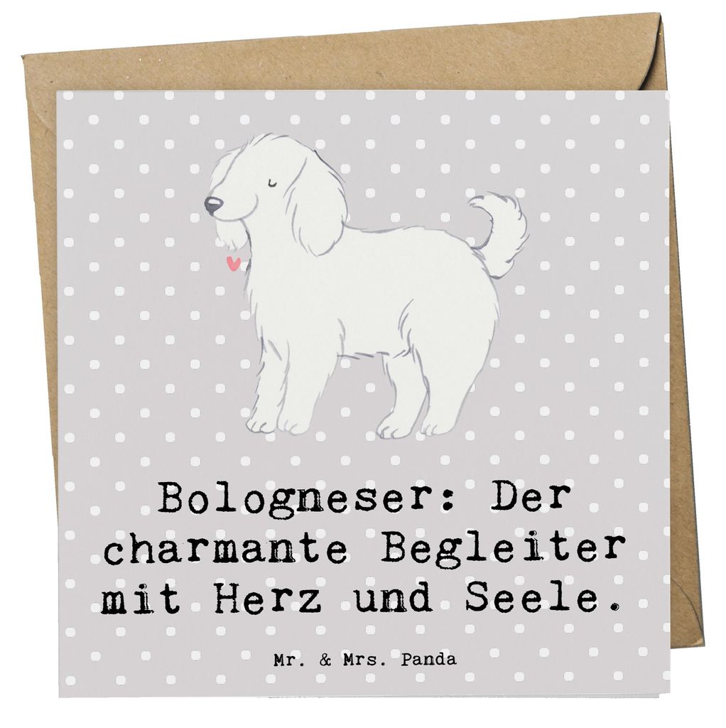 Mr. & Mrs. Panda Grußkarte Bologneser Begleiter - Grau Pastell - Geschenk, Klappkarte, Hunderasse, Glückwunschkarte, soziale Hunde, Hund, loyale ...