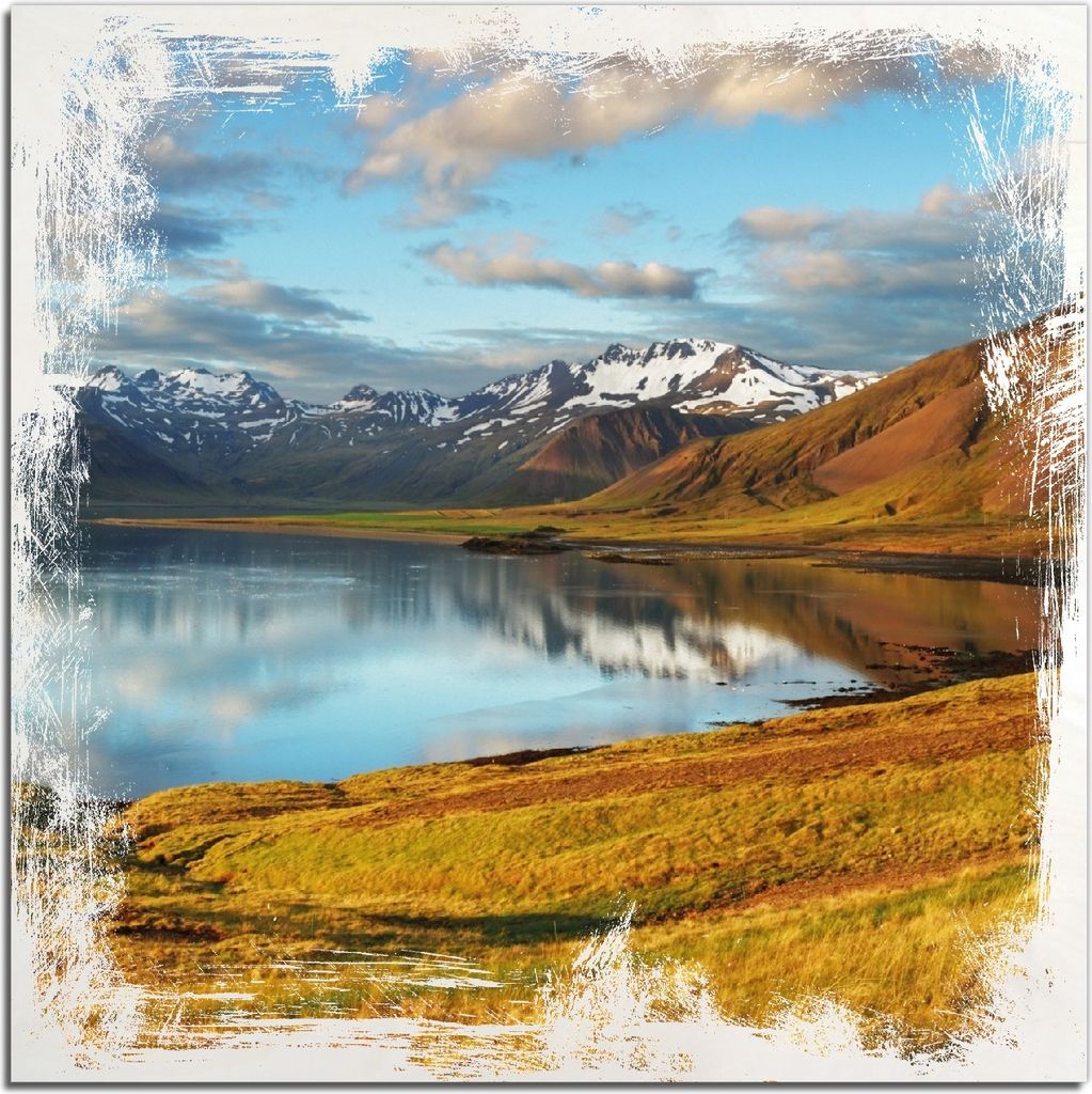 Kunstdrucke Wandbilder Holz in : Brillante Farben, Größe 50 x 50 cm Motiv Bergpanorama mit Spiegelung im See