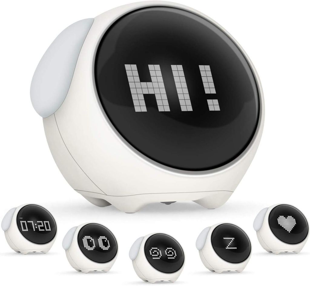 A white digital alarm clock with a large screen displaying 'HI!' is shown, with five smaller, round alarm clocks arranged below it, each displaying different icons or text.