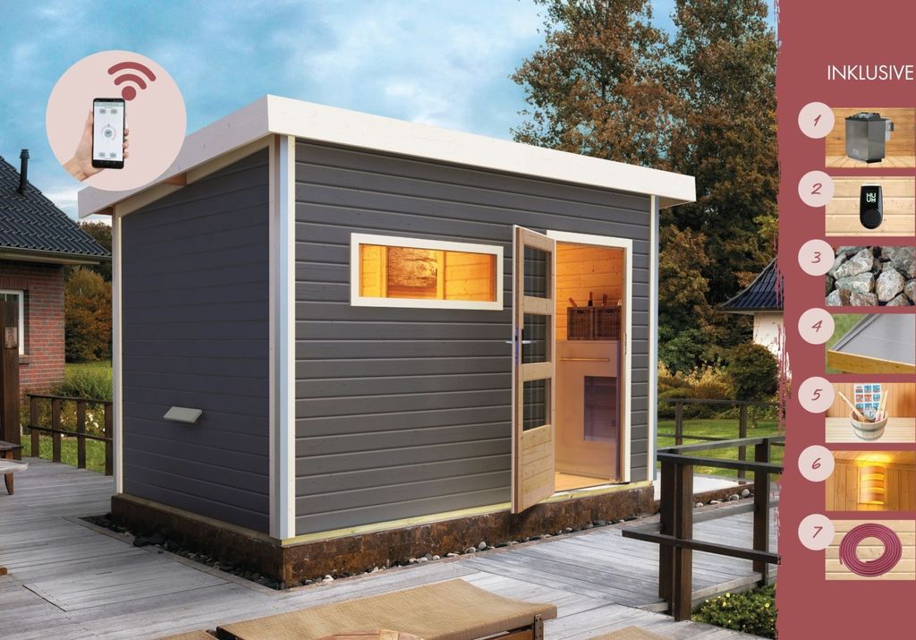 Karibu Saunahaus Außensauna Gartensauna Außensauna JOOST 2 terragrau 38mm Wandstärke 337 x 231 cm großes Sparset mit Ofen und Steuergerät