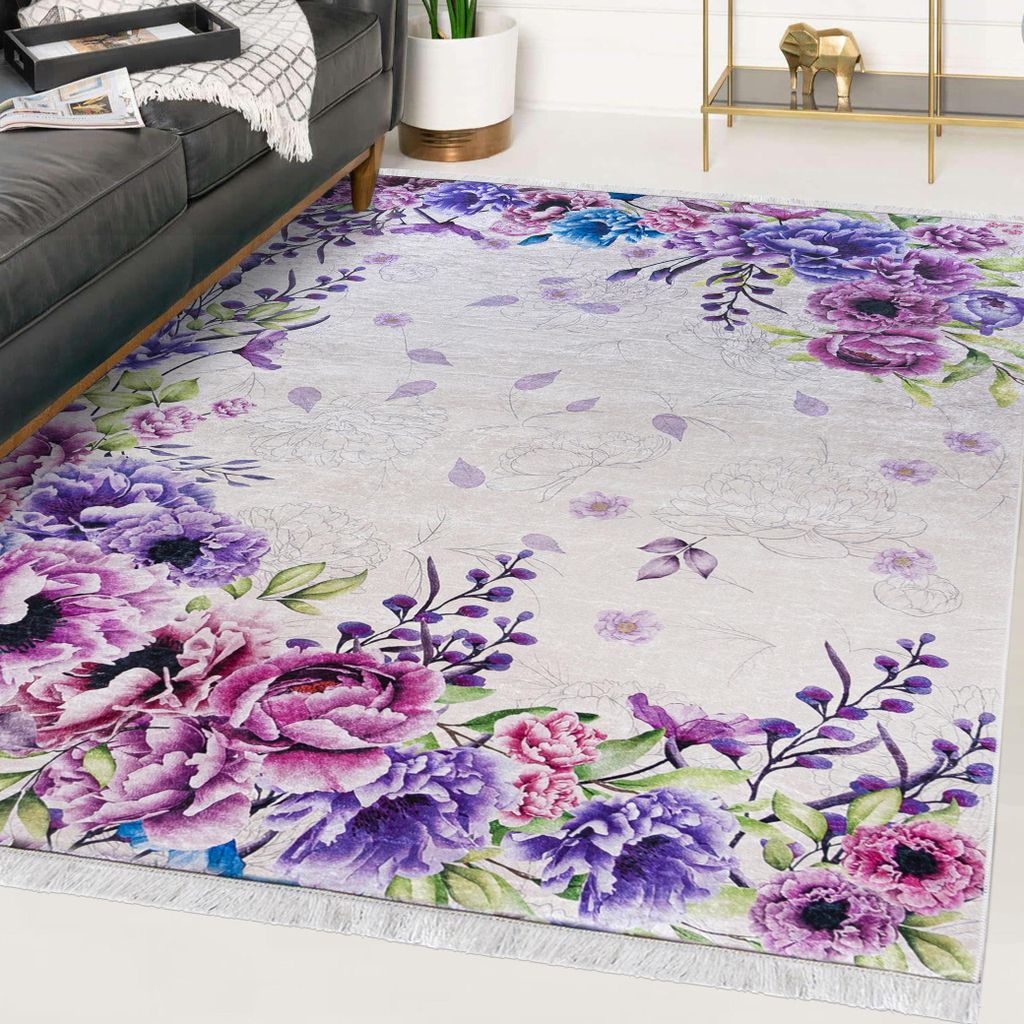 Rosa, Creme Teppich Mazovia - Pflanzenmotiv, Blumen - Teppich für Wohnzimmer, Schlafzimmer, Büro - Maschinenwaschbar - 120 x 170 cm