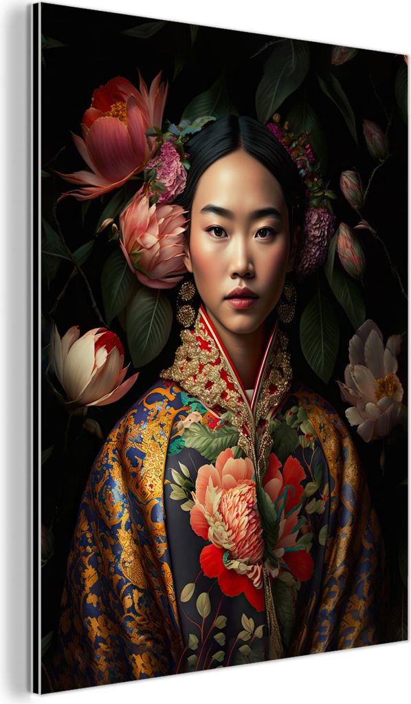 MuchoWow Wanddekoration Metall Metallbild Wandkunst 60x80 cm Frau - Asiatisch - Kimono - Blumen - Porträt MuchoWow Aluminium Gemälde - Wanddekora...
