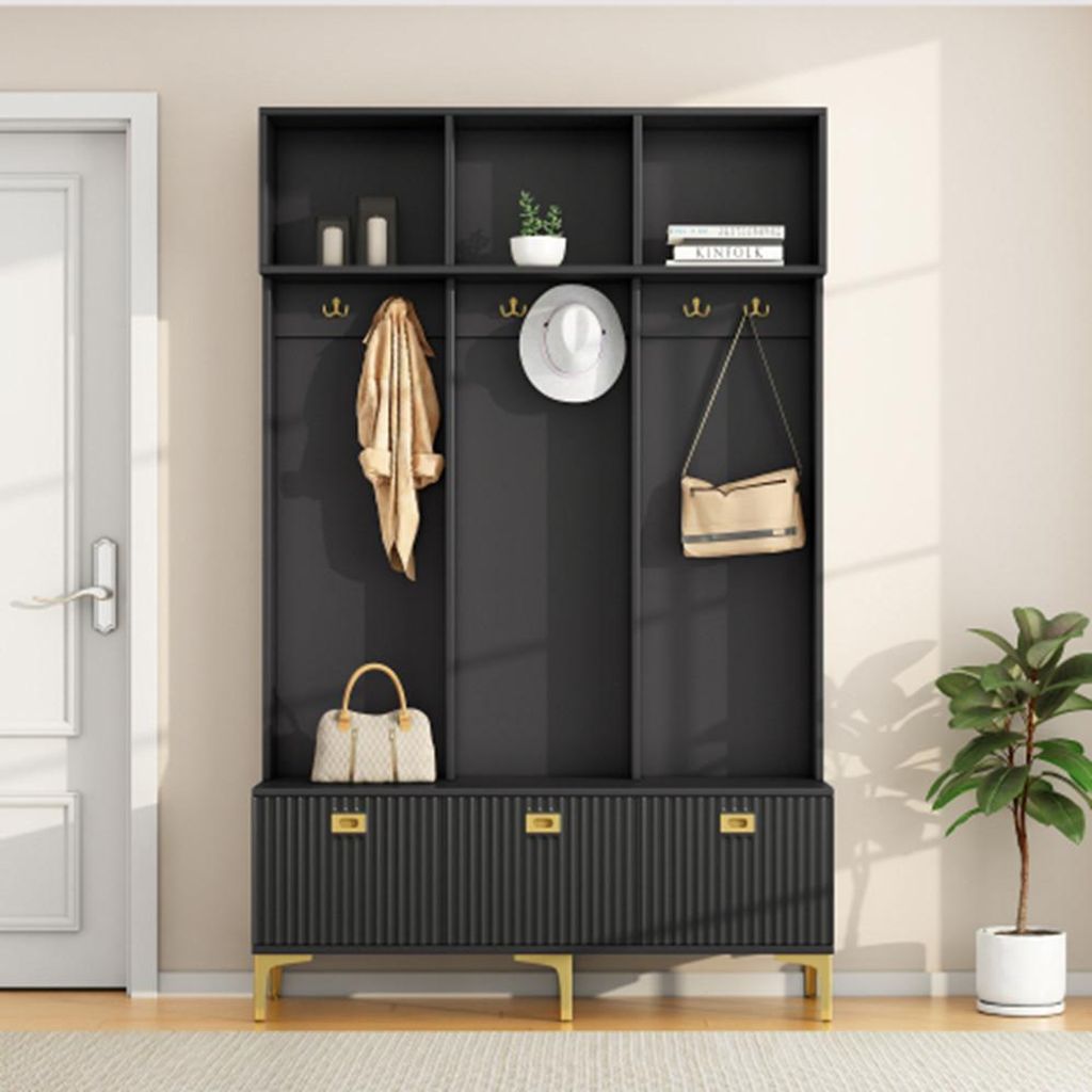 Garderobenset mit Bank, multifunktionale Aufbewahrungsbank, offene Aufbewahrung mit Haken für Flur, Wohnzimmer,B120/D40/H191.5CM