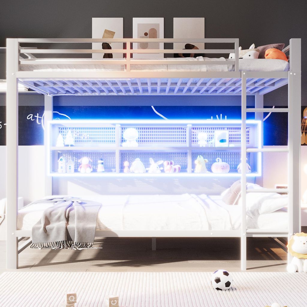 Flieks Etagenbett Metallbett 140x200cm mit offenen Staufächern, Kinderbett Hochbett mit Led, Jugendbett Doppelbett mit Lattenrost und Rausfallschutz
