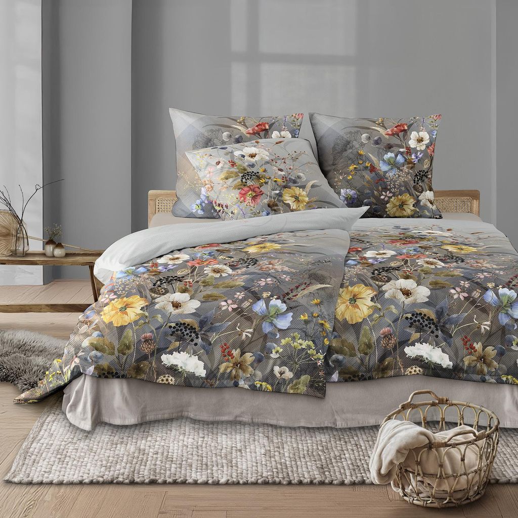 Irisette Flausch Baumwolle Bettwäsche Zobel 8707-90 Blumen grau 135x200