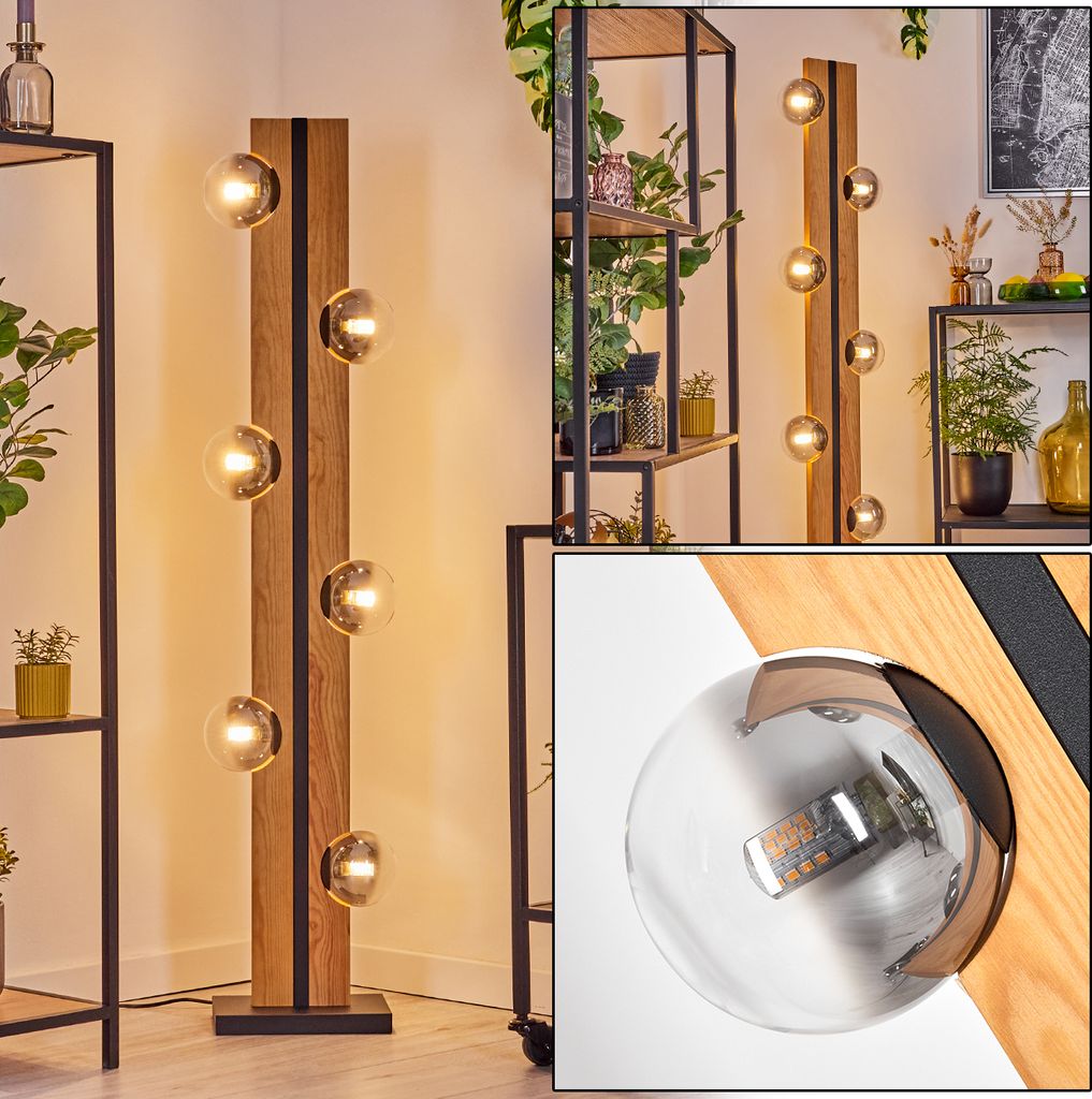 Isorella Stehlampe aus Holz/Metall/Glas in Natur/Schwarz/Rauchfarben/Klar