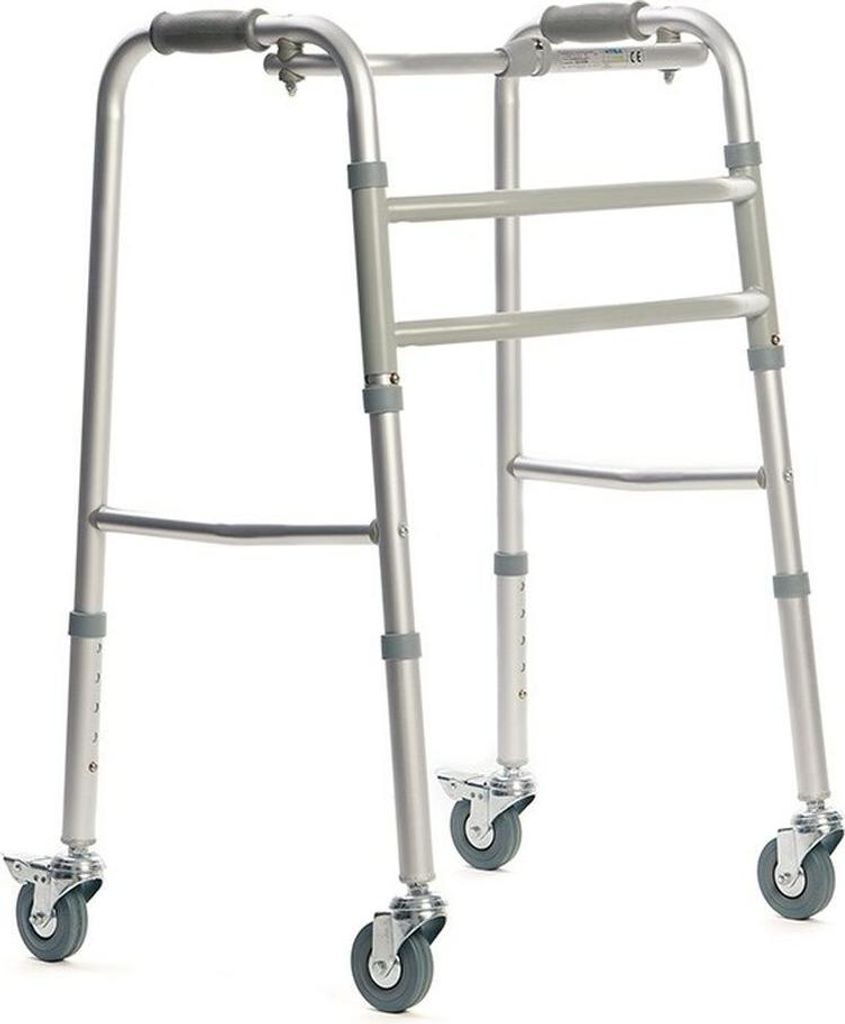 A studio shot of a walker with wheels.