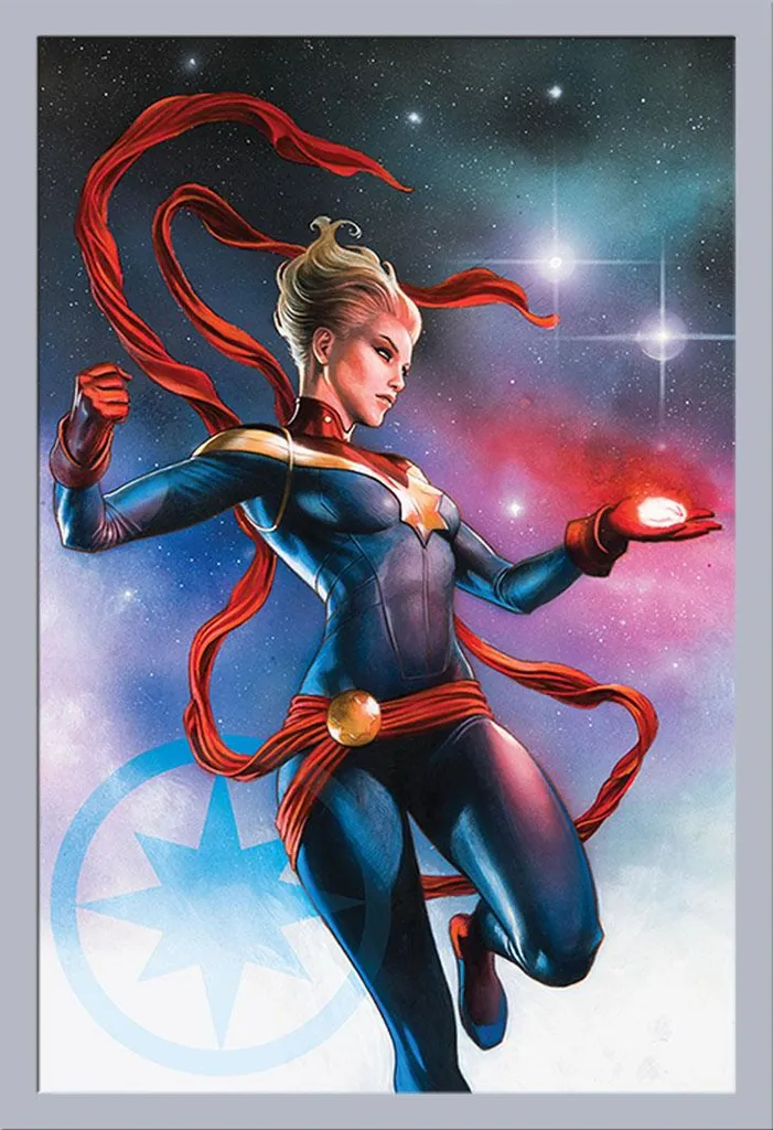 Marvel - Poster - Captain Marvel - Galaxy + cornice rimovibile, Shinsuke® Maxi MDF argento, disco acrilico