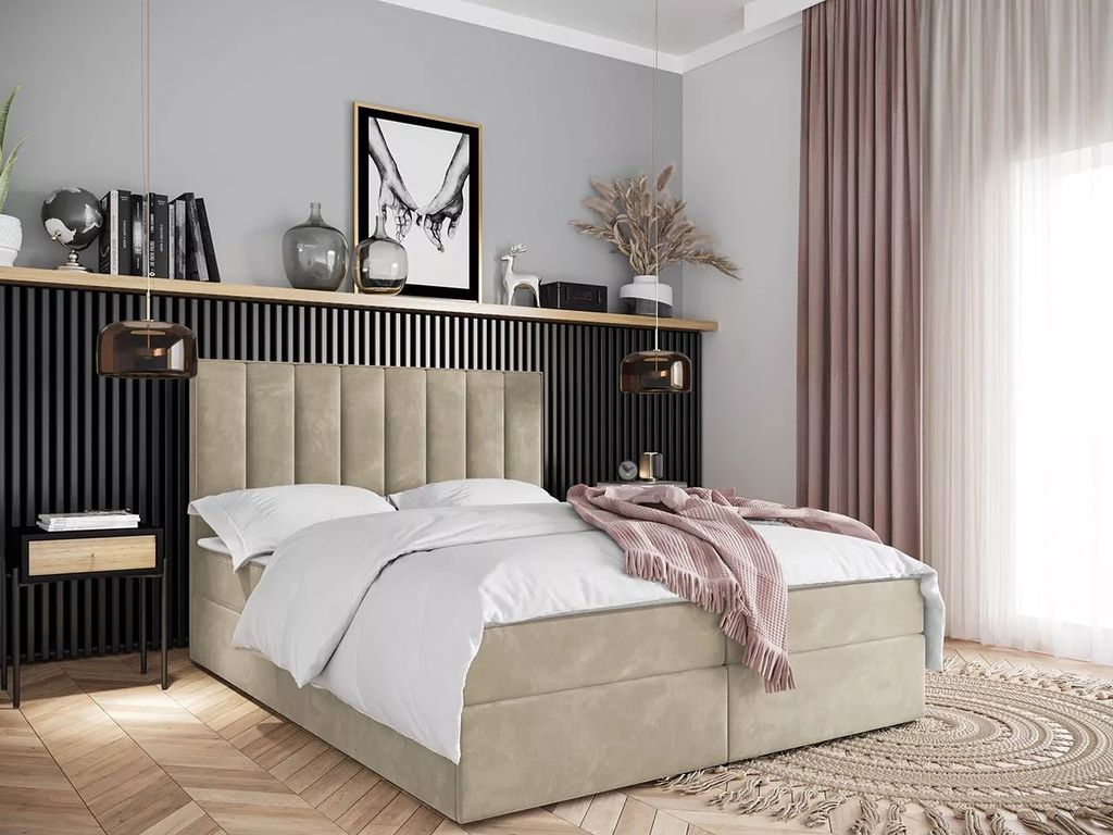 Kontinentales Bett 120x200 MAHERA mit Stauraum - hellbeige