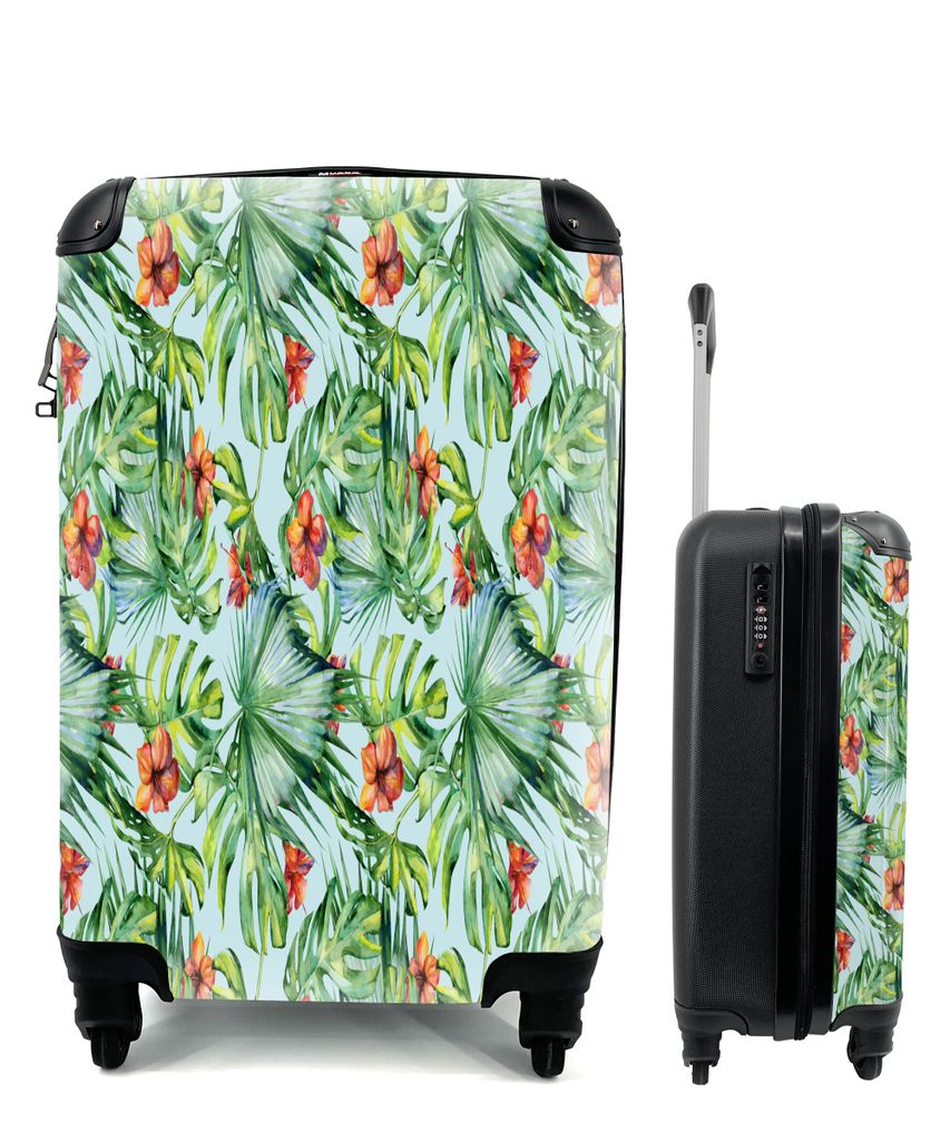 MuchoWow Koffer Handgepäck Trolley Rollkoffer Kleine Reisekoffer mit 4 Rollen - Blumen - Hibiskus - Orange - Blätter - Cabin Size < 55x40x23 cm...