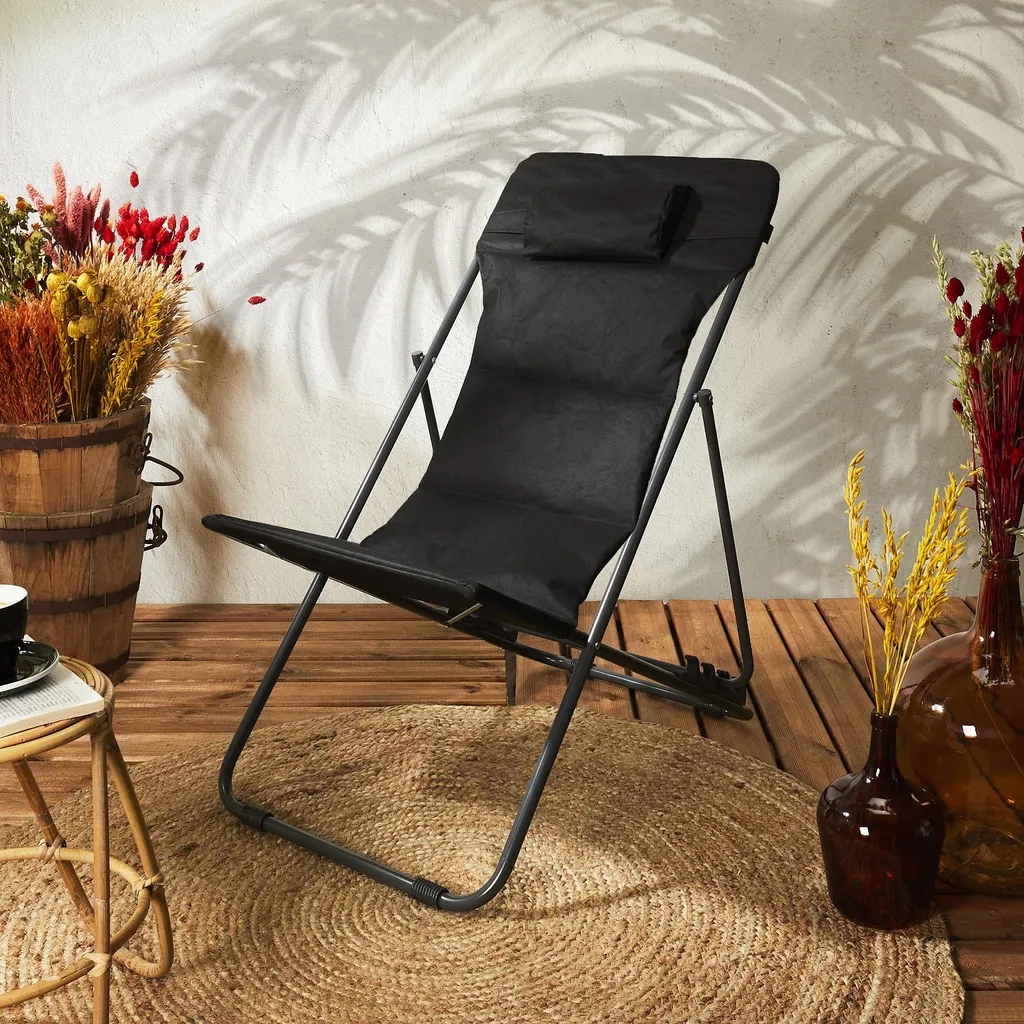 Bain de Soleil Pliable Corfou Noir en Textilène pour Terrasse et Piscine
