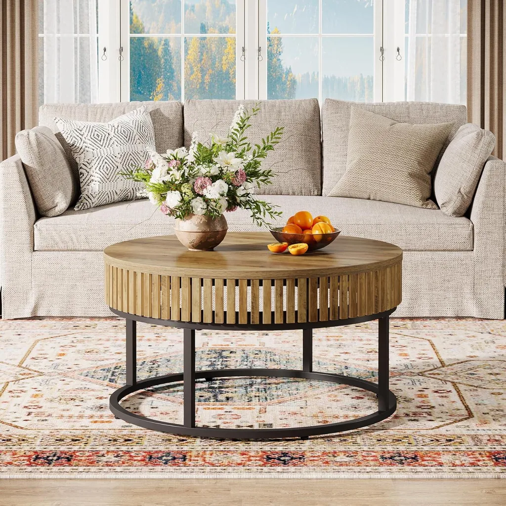 Tribesigns Table basse ronde 80 cm en bois marron clair style industriel - 8
