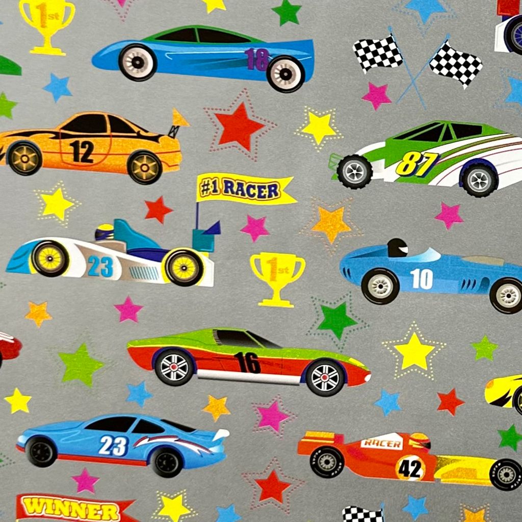Geschenkpapier mit Auto Sport Motiv 70cm x 2m Rolle silber Produktbild 2