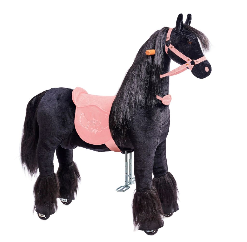 A black mechanical horse toy with a pink saddle and bridle, shown on a white background.