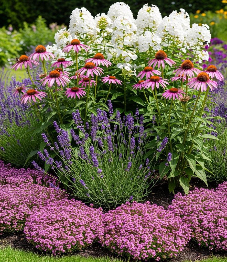 A close-up view of a vibrant flower bed with various blooming plants.
