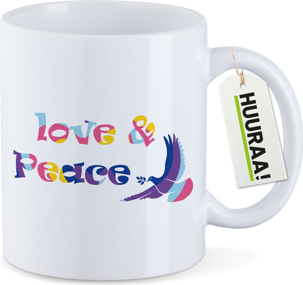 Huuraa Kaffeetasse Love & Peace 330ml Weiß Keramik Kaffeebecher Geschenkidee