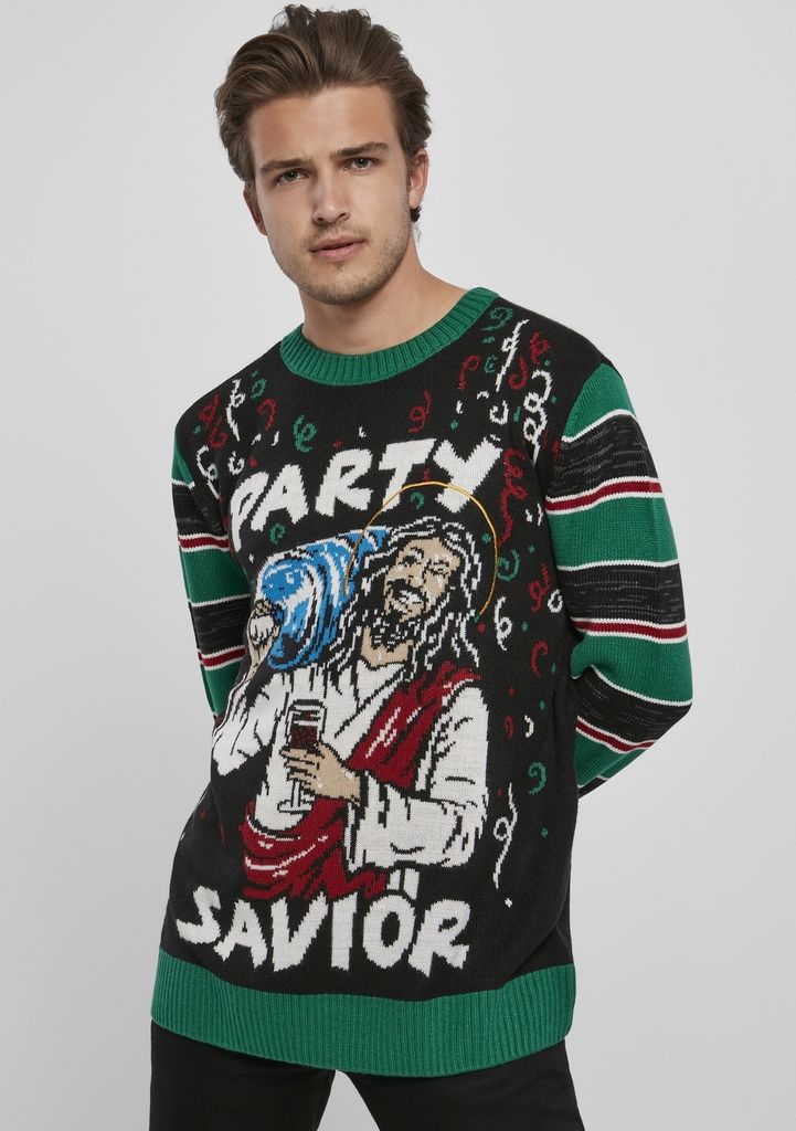 Urban Classics Weihnachtspullover Herren Savior Christmas Sweater schwarz/grün/weiß S