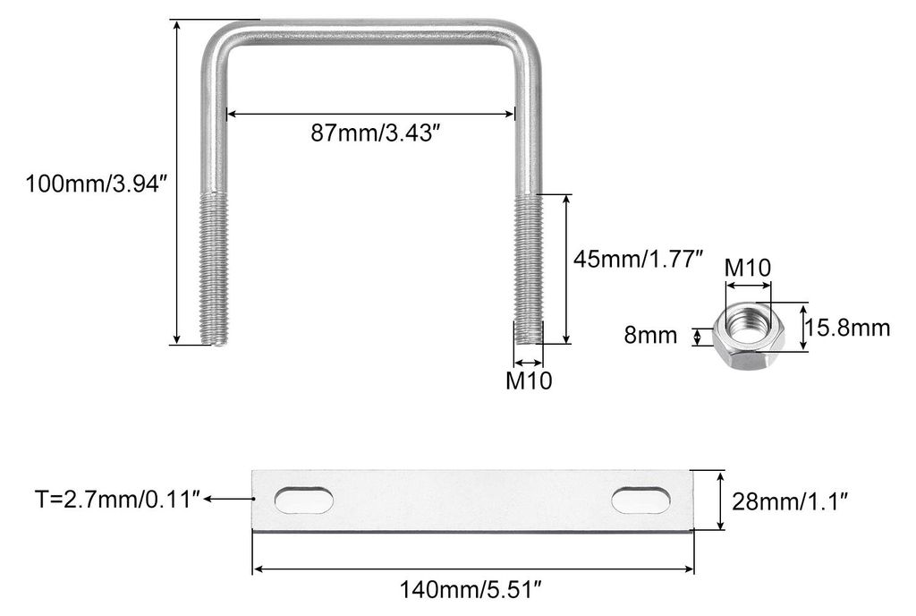 U Bš¹gel 1 Stš¹ck U-Bolzen M10 x 87mm x 100mm Quadratische Bš¹gelschraube 304 Edelstahl U-Bolts mit Mutter Platte Bš¹gelschelle Zaunbefesti...