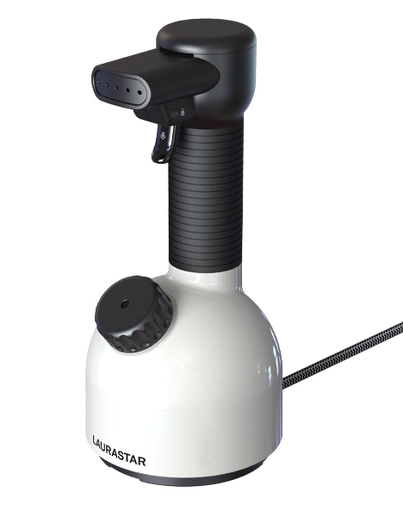A white and black Laurastar portable steam cleaner is shown against a white background.