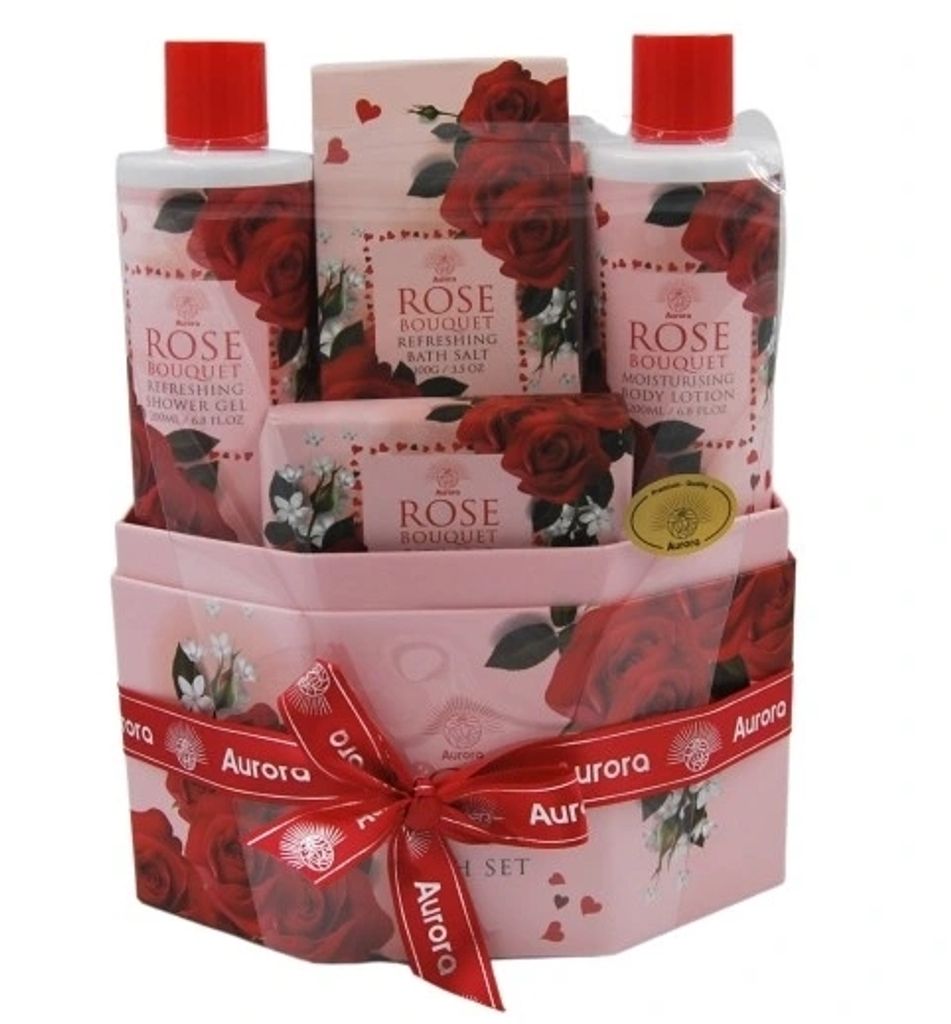 Aurora Geschenkset Rose: 200 ml Duschgel, 200 ml Shampoo, 100g Seife, 100g Salz