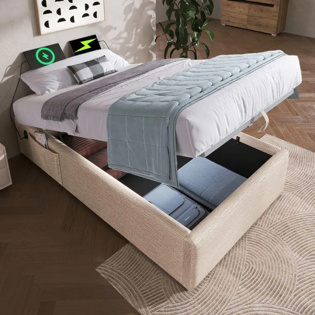 Lit rembourré 90x190 beige en lin avec sommier et chargement USB-C
