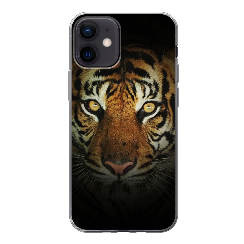 MuchoWow Handyhülle Schutzhülle Hülle für iPhone 12 Tiger - Licht - Augen Silikon Softcase Handy Hülle - Schutzhülle