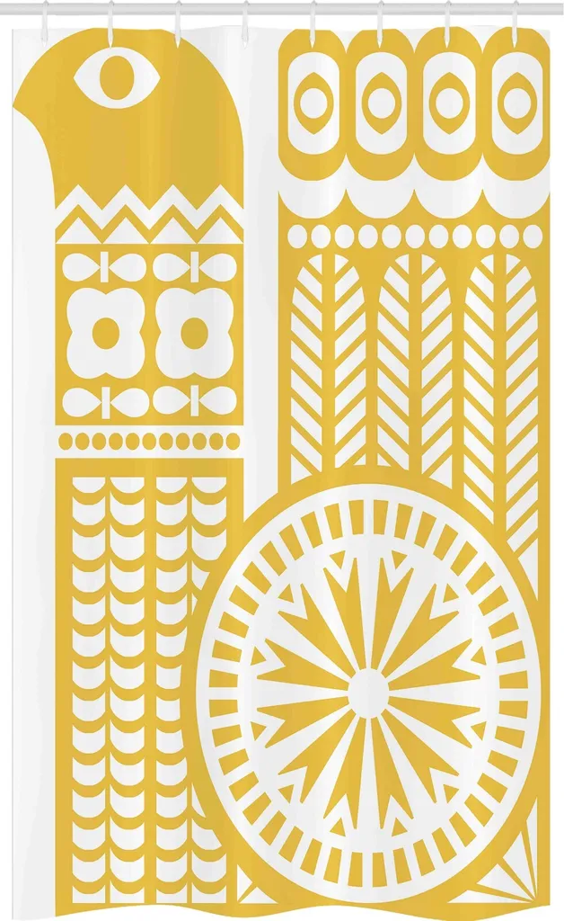 ABAKUHAUS Tenda da doccia stretta gialla e bianca, uccello astratto, set decorativo per bagno in tessuto con ganci, 120 x 180 cm, senape bianco