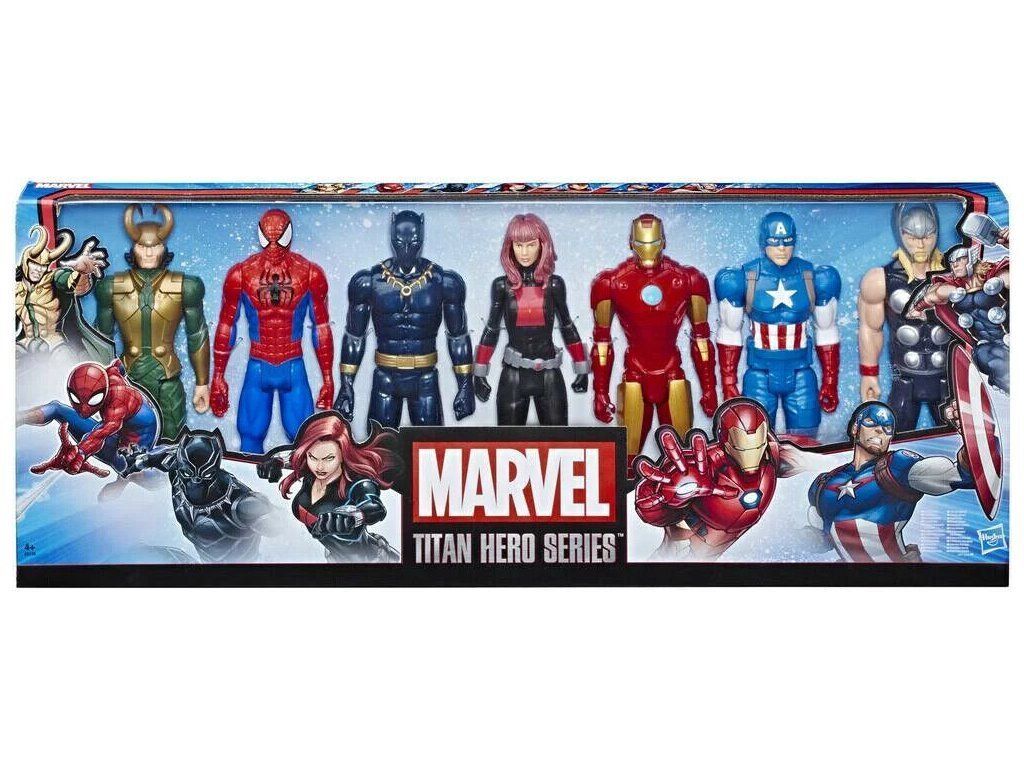 A product packaging box displaying multiple Marvel superhero action figures.