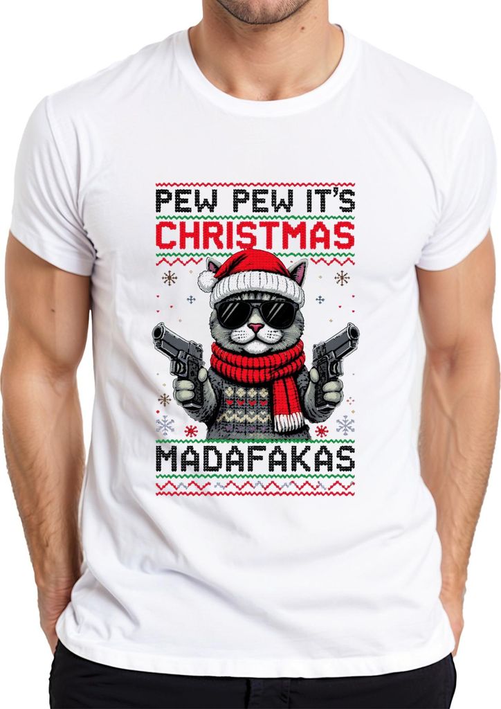 PEW PEW ITS CHRISTMAS MADAFaKAS Katze Sonnenbrille Pistolen Herren T-Shirt, Weiß, XXL