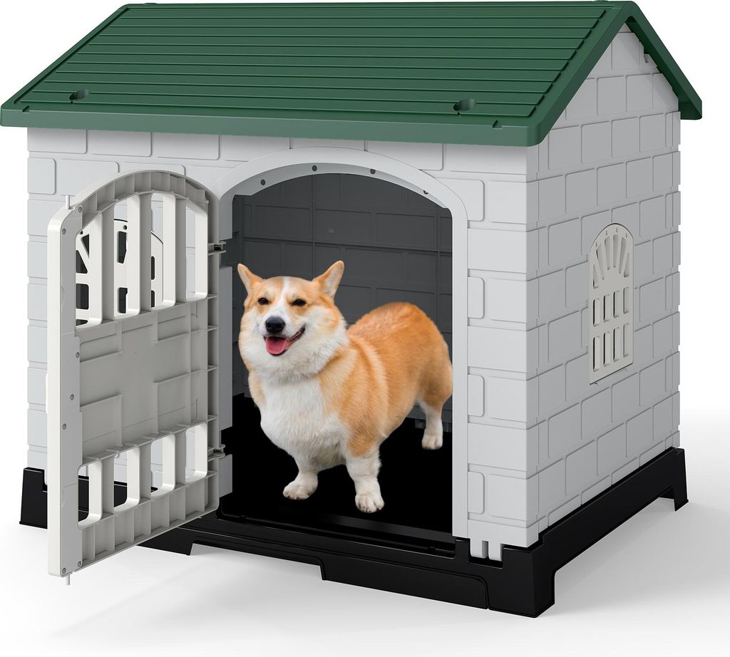 COSTWAY 75x57x68 cm Hundehütte Outdoor, wetterfestes Hundehaus mit Tür, 3 Fenstern, ausnehmbarem Boden&Satteldach, Haustierhaus Hundekäfig Indoo...