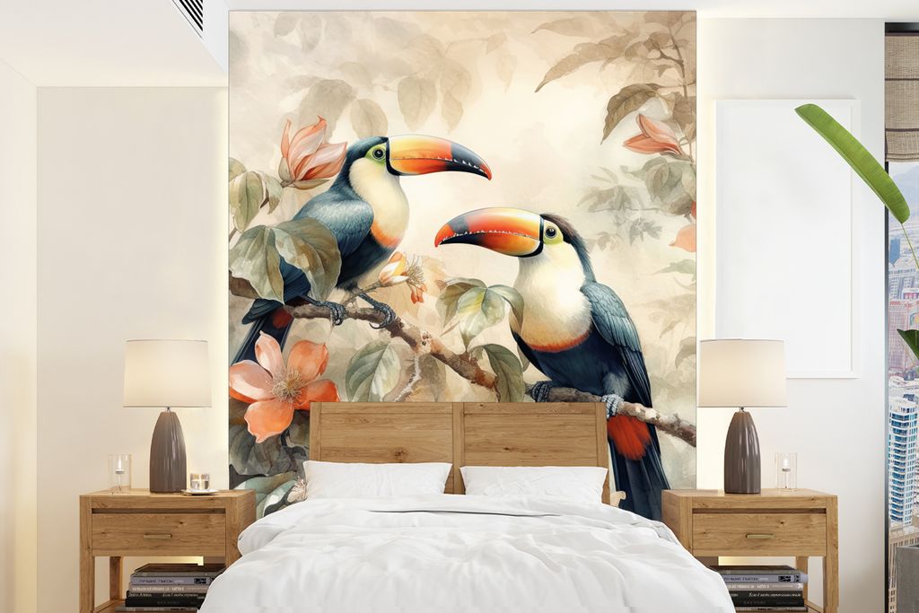 MuchoWow Fototapete für Wohnzimmer oder Schlafzimmer Wandtapete Vinyl Motivtapete Tukan - Vögel - Blumen - Zweig - 190x260 cm - Papiertapete