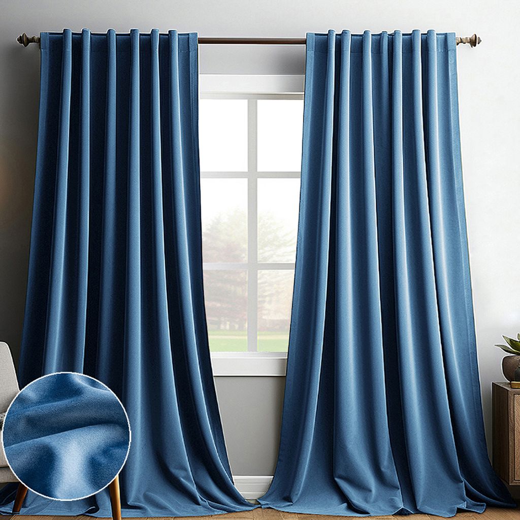 2er Set Verdunklungsvorhang Blickdicht Samtvorhang Kräuselband Stangendurchzug,Thermovorhang Schlafzimmer Wohnzimmer Restaurant Cafe,Blau B132xH244cm