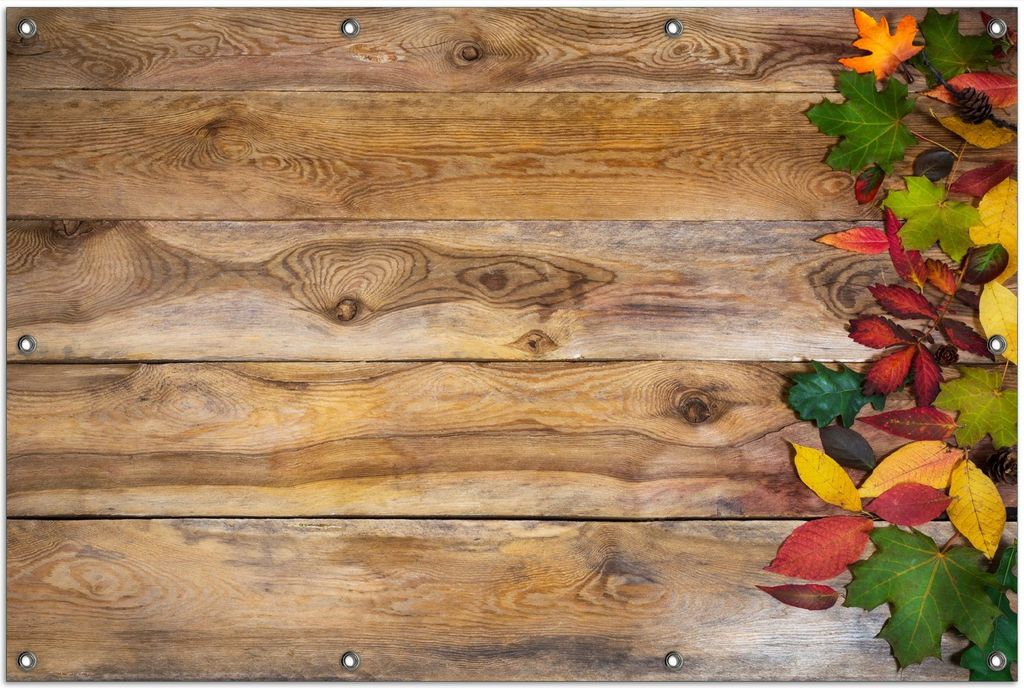Wallario Outdoor-Poster für Garten oder Balkon, Motiv Herbstlaub auf Holzbrettern, in ca. 100 x 150 cm