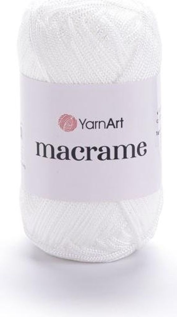 A roll of white macrame yarn with a label.