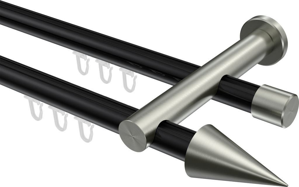 Interdeco Innenlaufstange / Gardinenstange mit Innenlauf Schwarz / Edelstahl-Optik, Typ Platon Savio (Kegel), 20 mm Ø 2-läufig, 120 cm