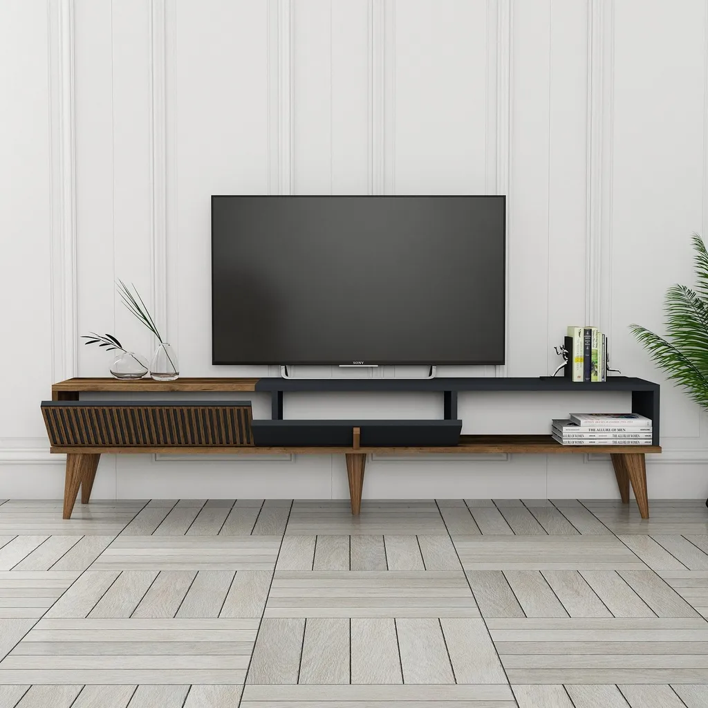 Grand Meuble TV 180cm Milan Alt en Mélaminé Noyer et Gris Anthracite