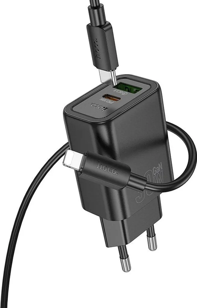 Hoco N63 Caricabatterie USB C + A 30W PD QC3.0 Nero con Cavo Lightning