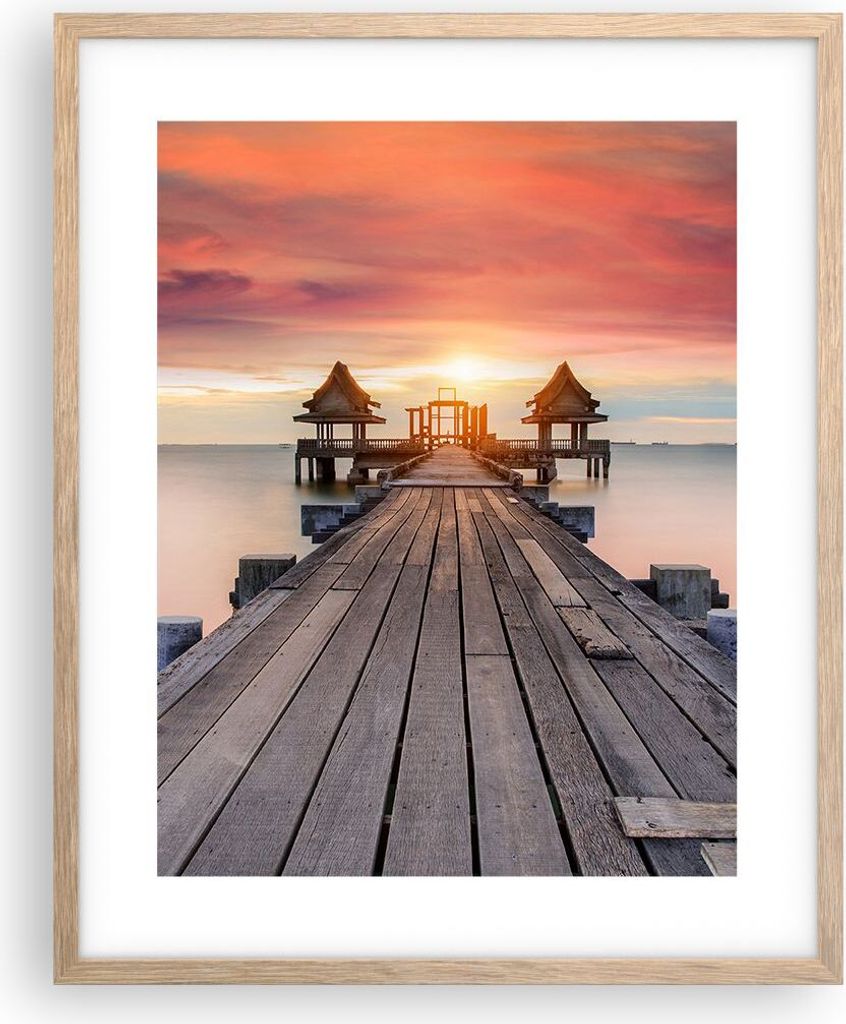 Gerahmtes Poster - Rahmen in heller Eiche - Brücke Holz Spaziergang - 40x50 cm - Wand Bild - Wanddeko - Wandbilder - Kunstposter - Wandposter - Bi...
