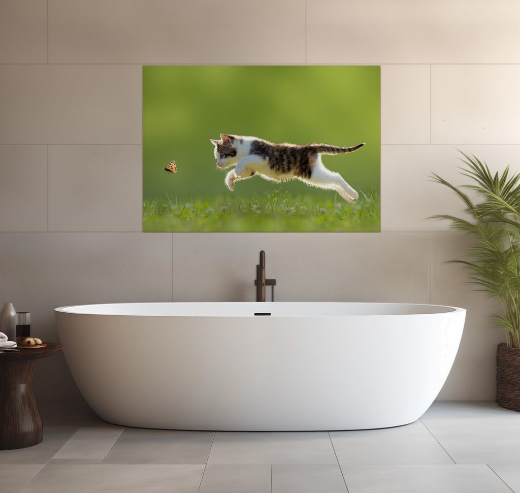 Wallario wasserfestes Poster selbstklebend 70 x 100 cm, Süße Katze fängt Schmetterling im Grünen, Badezimmerposter Spritzschutz mit Hochglanzob...