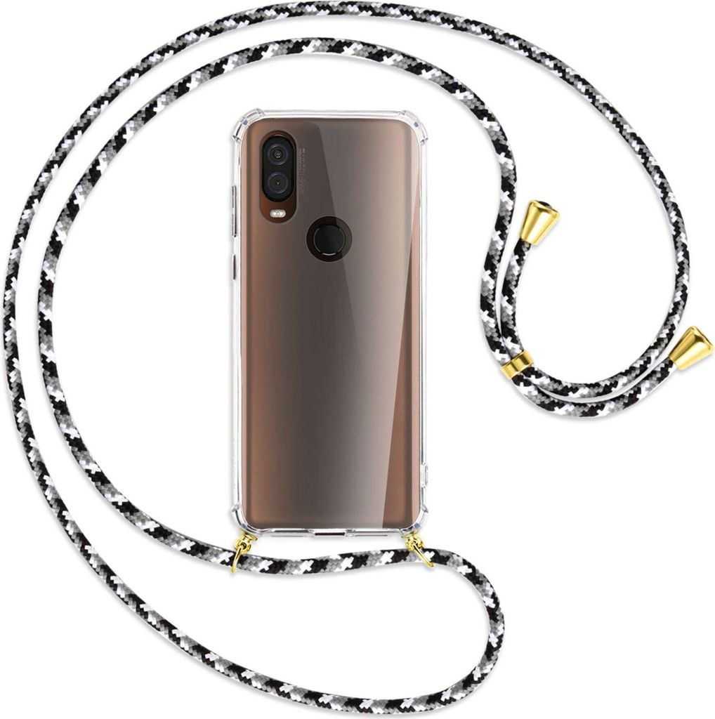 Handykette Backcover-Schutzhülle mit Band (Metall goldfarben) für Motorola One Vision - schwarz/grau/weiß