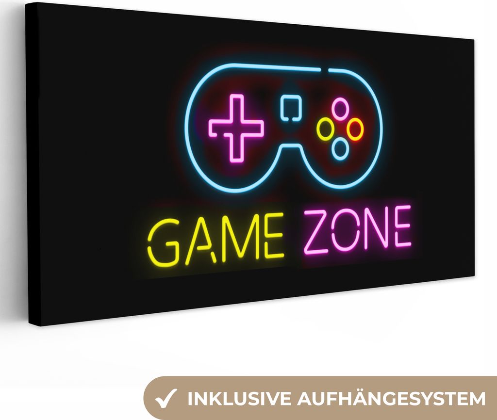 MuchoWow - Leinwandbilder - Controller - Spiel - Neon - Schwarz - Zitate - Spielzone, Wandbild, Wanddeko Bilder Wohnzimmer, 40x20 cm