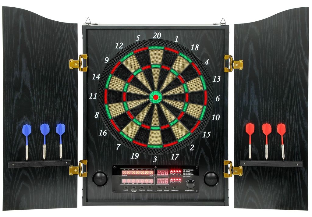 Elektronische Dartscheibe E Dartboard mit Türen Holzoptik LED Anzeige Sprachansagen 6 Dartpfeile, 24 Ersatzspitzen