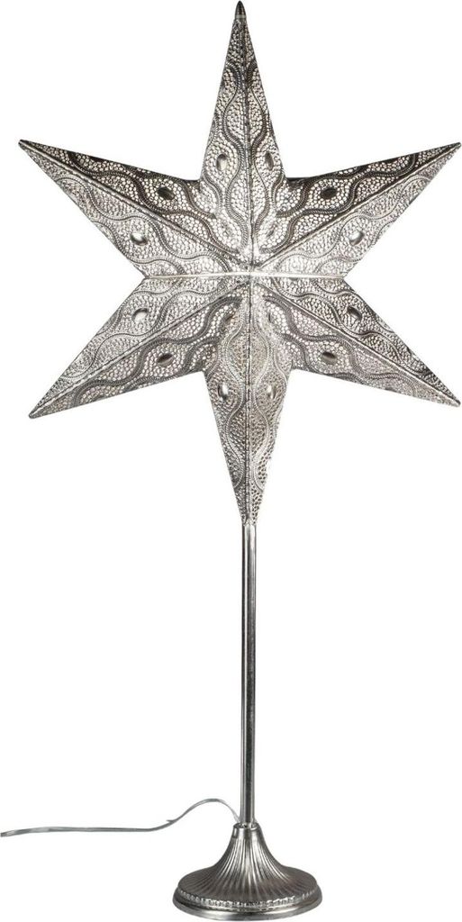 A silver star-shaped lamp on a stand, isolated on a white background.