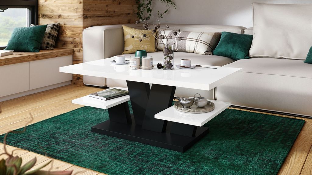 Design Couchtisch Viva Wohnzimmertisch mit Ablage, Weiß Hochglanz - Schwarz matt