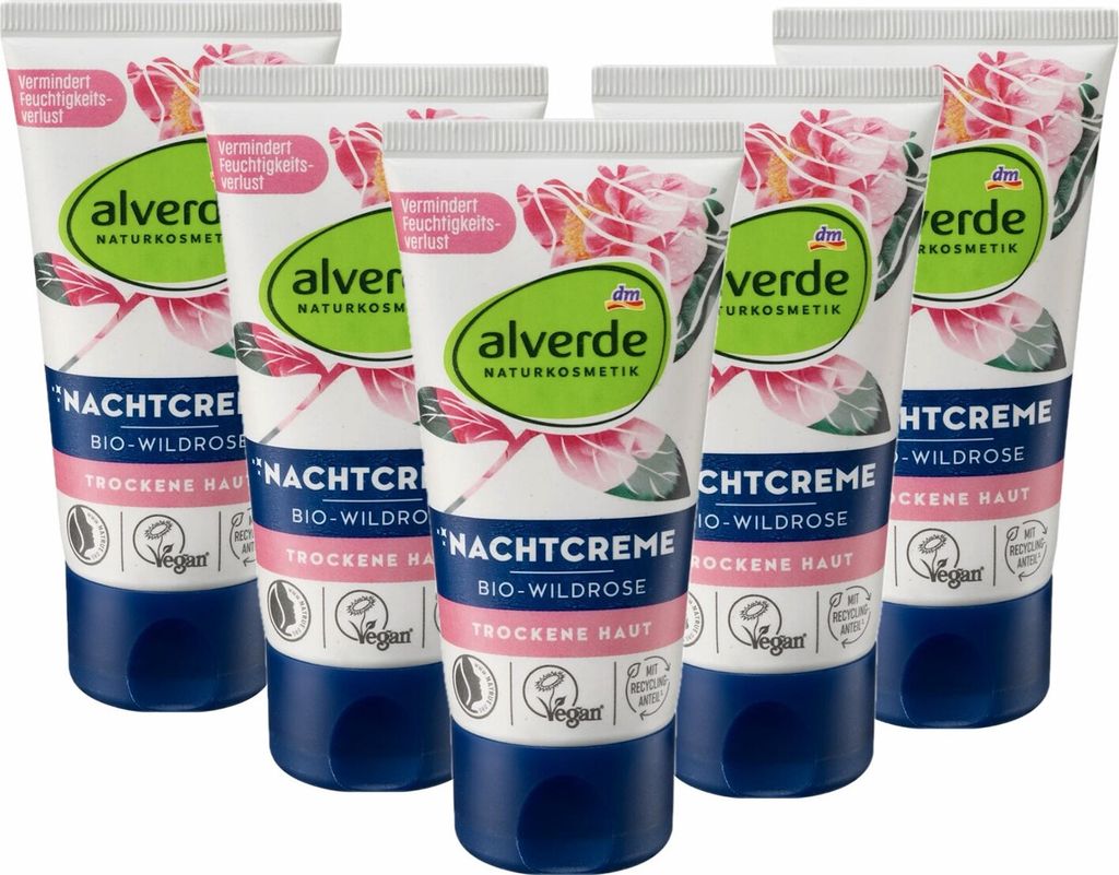5 x alverde Naturkosmetik - Nachtcreme / Gesichtscreme Bio-Wildrose (5 x 50 ml)