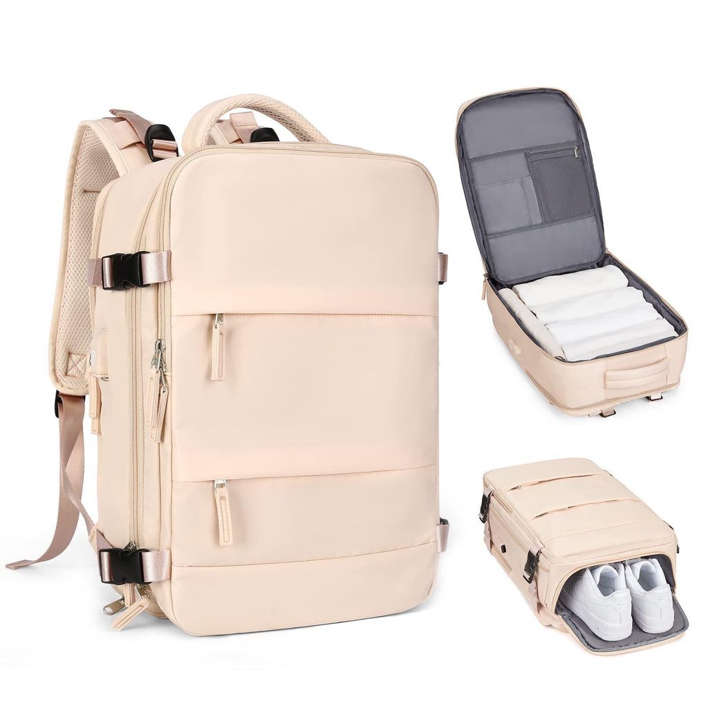 Großer Reiserucksack, wasserdichter Anti-Diebstahl-Laptoprucksack, mit USB-Anschluss, Schuhfach, Horizontaler Reißverschluss, Beige