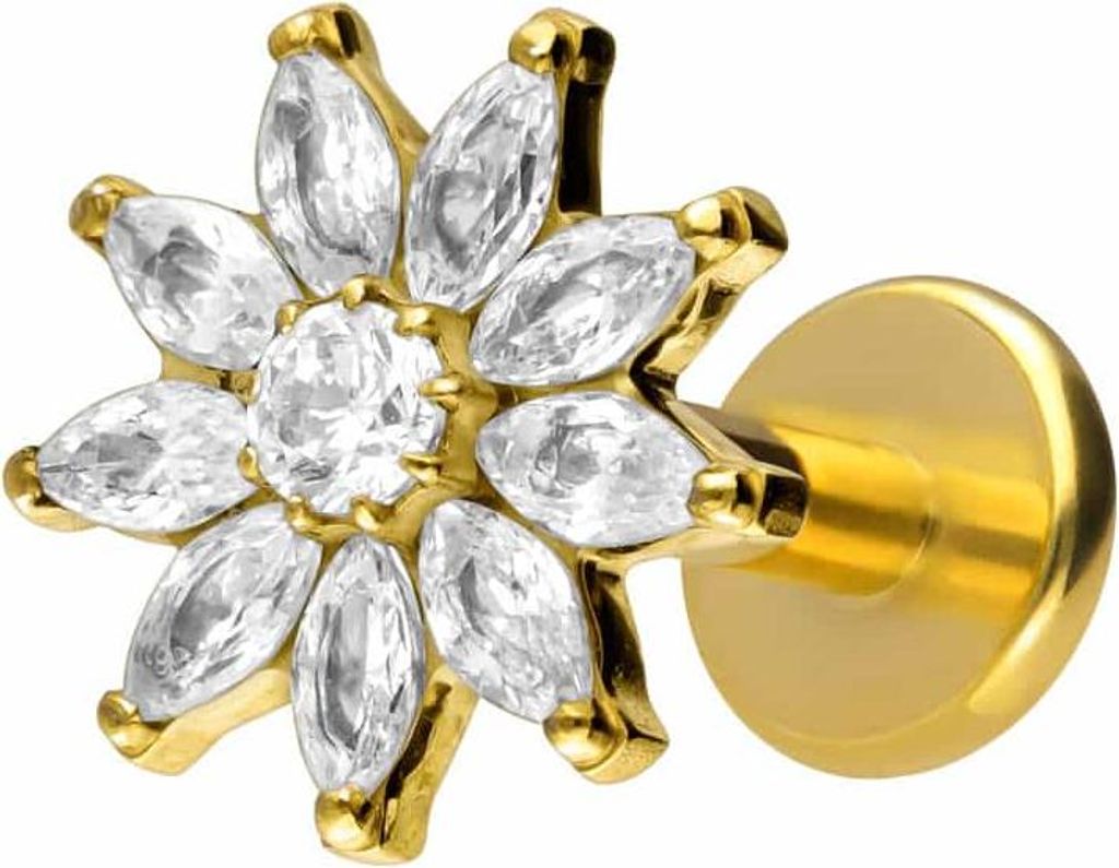 Ohrpiercing, Nasenpiercing Titan Labret mit Innengewinde KRISTALLBLUME Gold Stablänge: 6mm | Stabstärke: 1,6mm