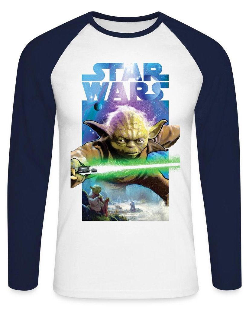 Star Wars Meister Yoda Und Grünes Lichtschwert Baseball Langarmshirt Herren, M, Weiß/Navy