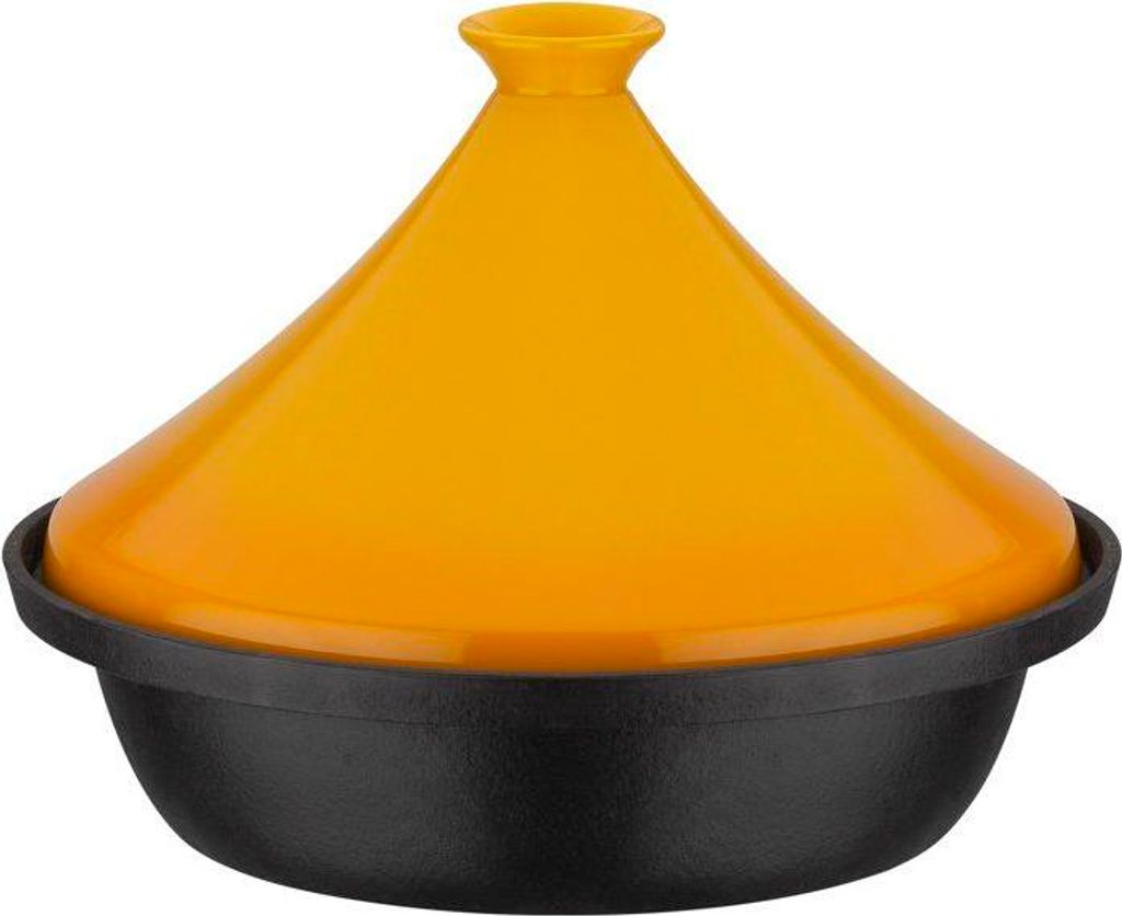 Tajine GSW Ø30 cm, Stahlguss, Induktionsgeeignet, Keramikdeckel, Schwarz und Gelb